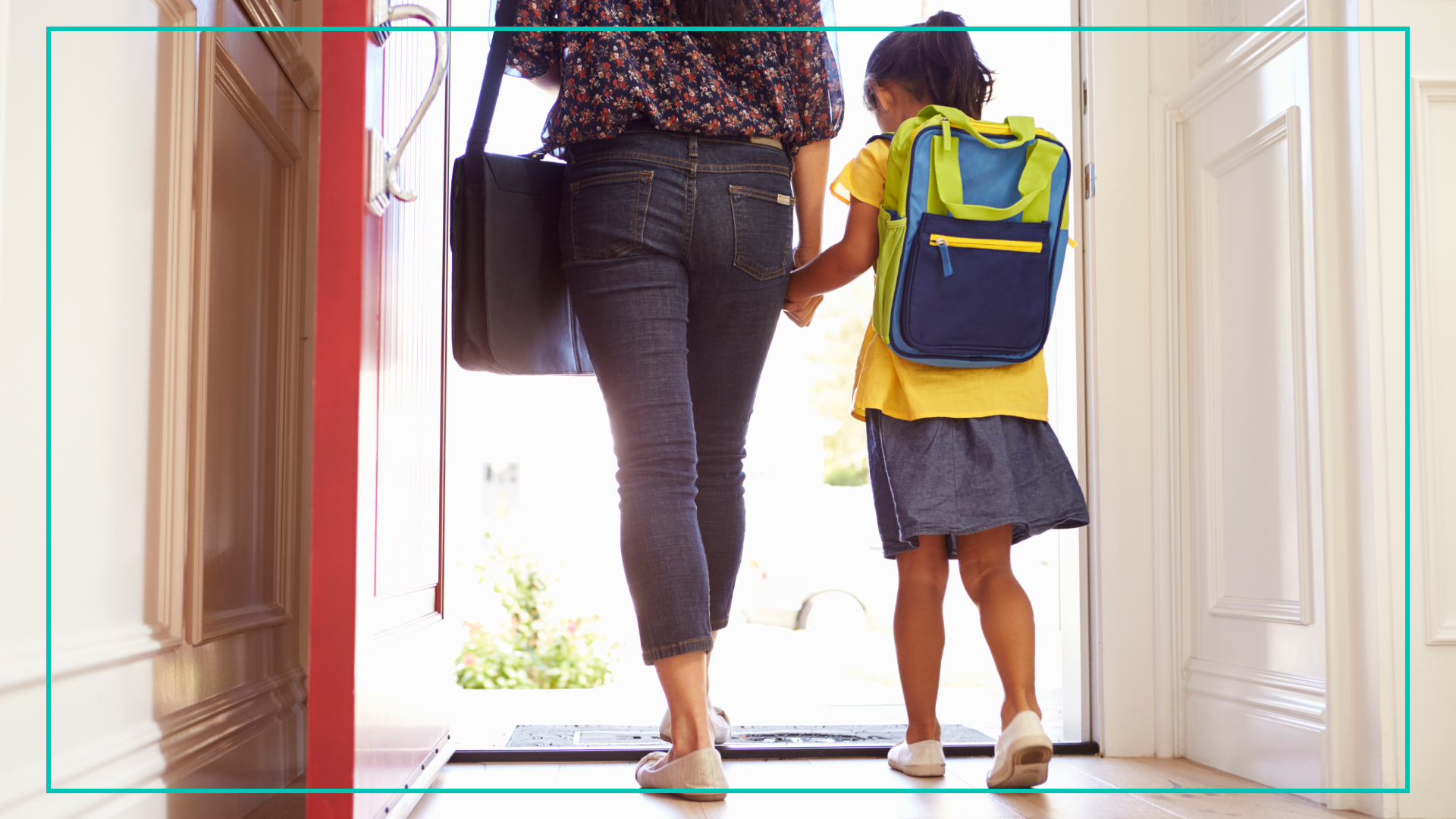 a child wearing a backpack holds her mother's hand