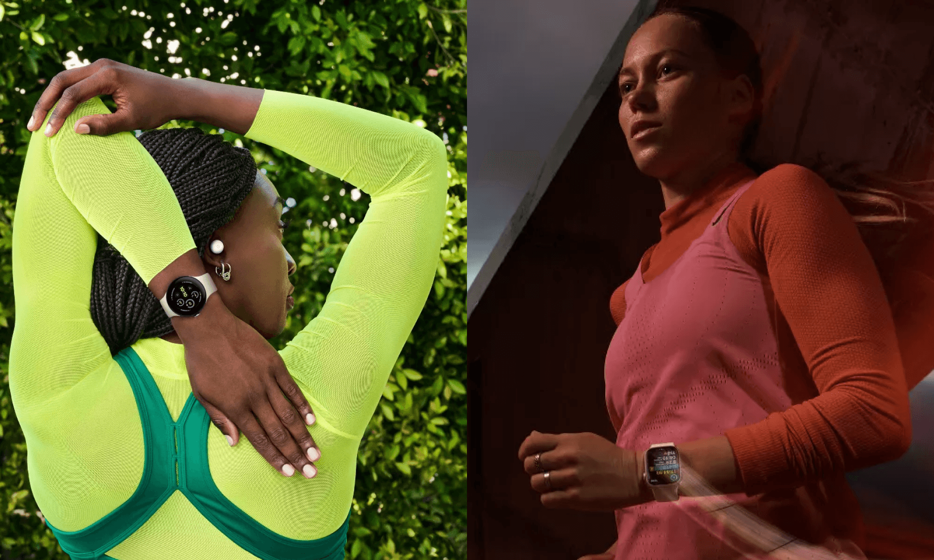Woman in green shirt stretching with smart watch on, woman in pink top running with smart watch