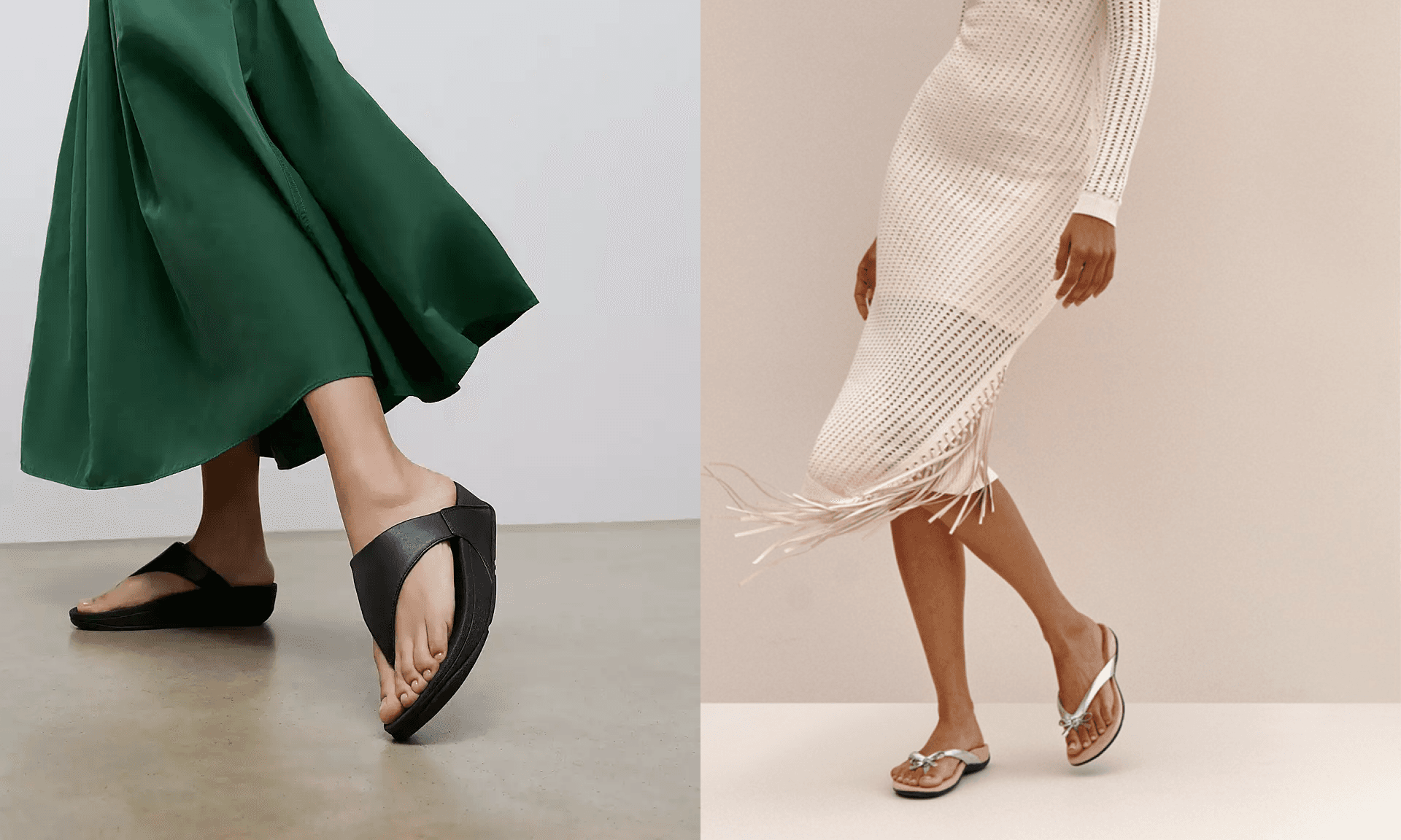 Woman wearing black flip flops, woman wearing silver flip flops