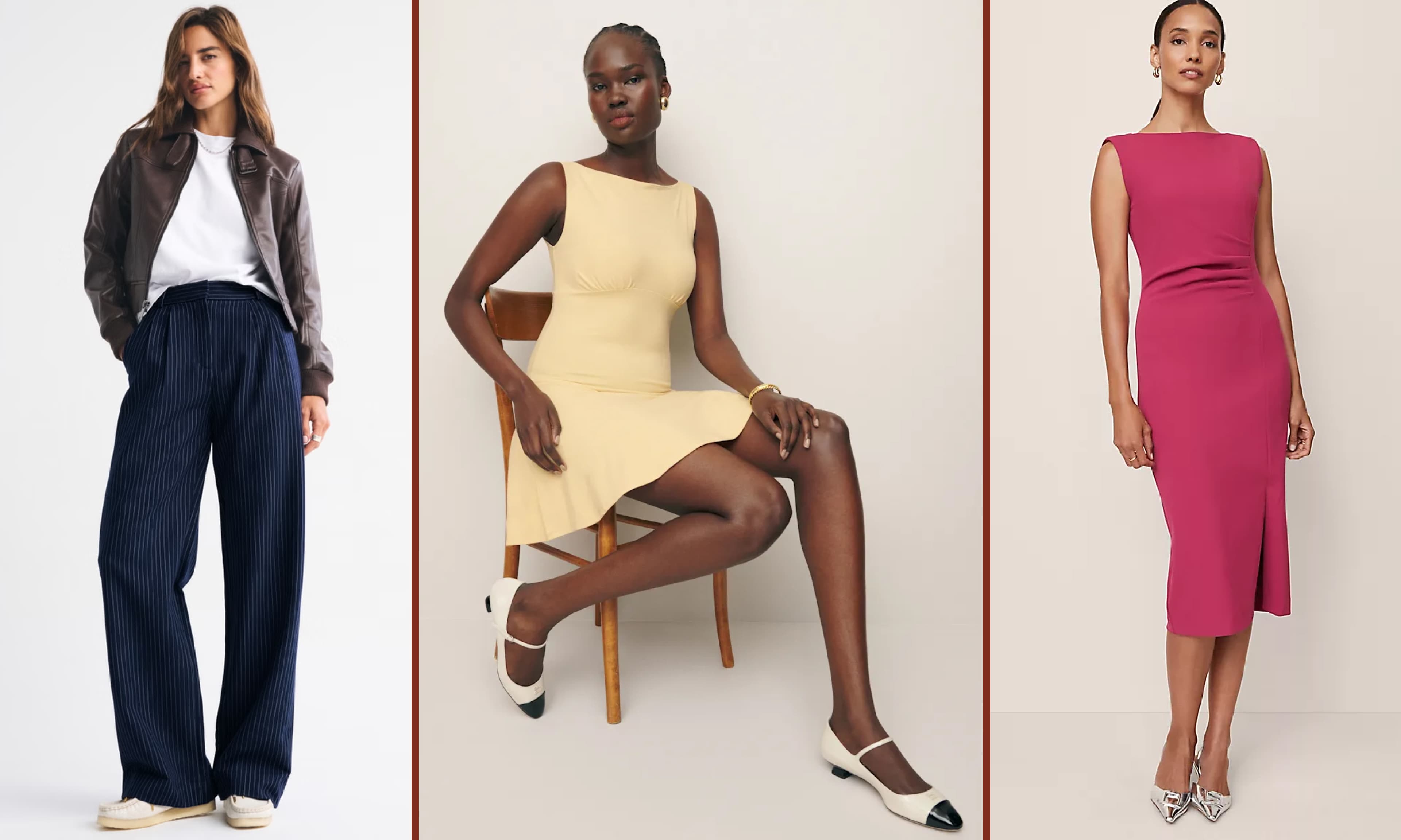 trousers, yellow dress, pink dress