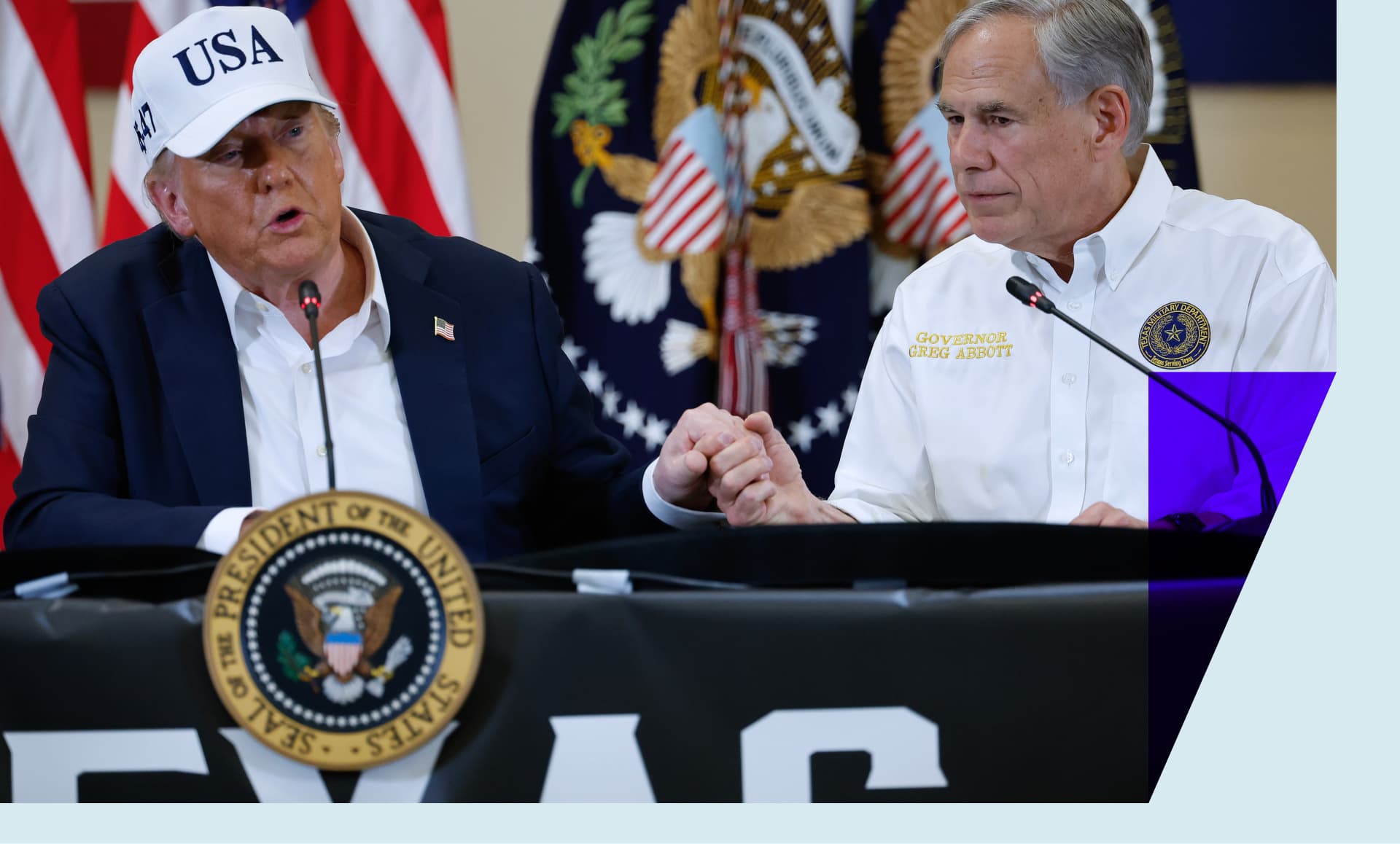 President Donald Trump and Texas Governor Greg Abbott hold hands during a round table event at the Hill Country Youth Event Center to discuss last week's flash flooding on July 11, 2025 in Kerrville, Texas.
