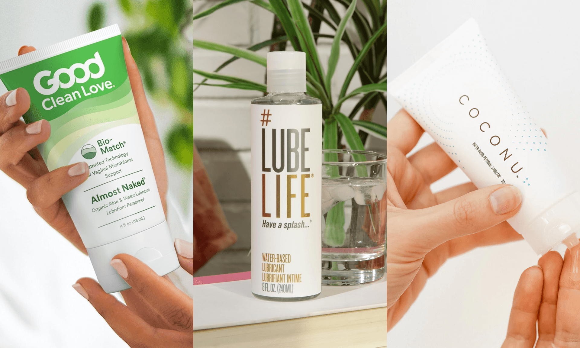 Woman holding tube of lube; bottle of lube on countertop; woman squeezing tube of lube